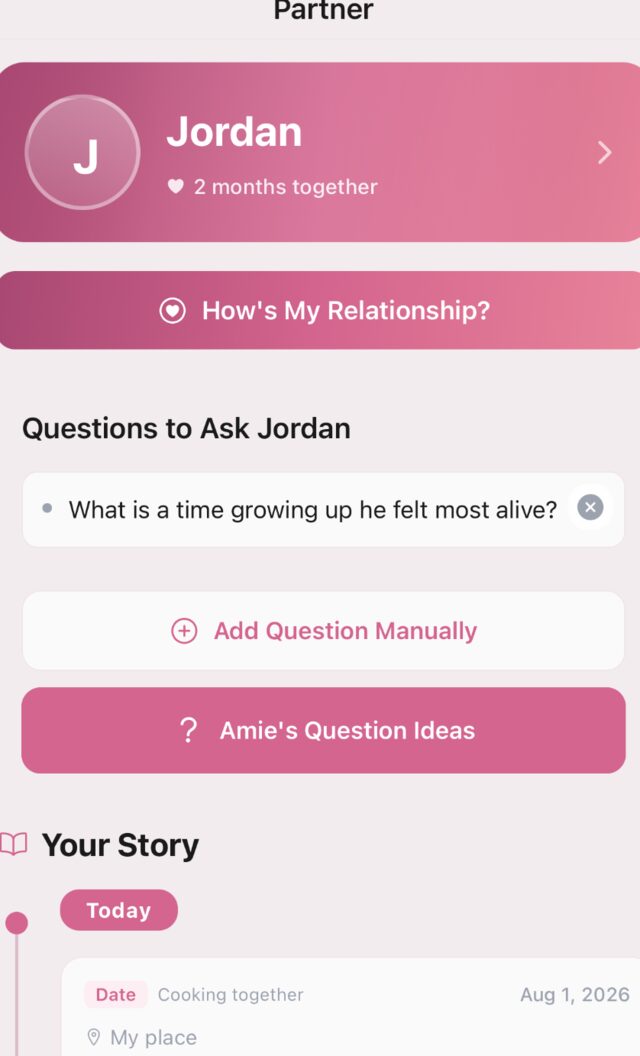 Amie chat in Heartlog: Amie's introduction as a personal dating advisor who can see your prospects and notes, with suggested prompts underneath